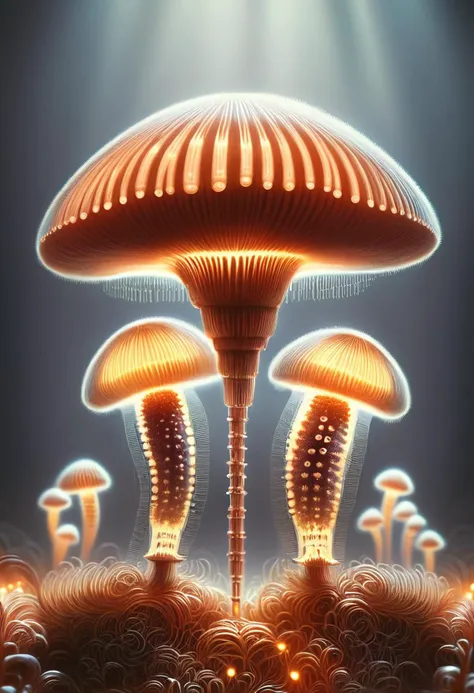 score_9, score_8_up, score_7_up,score_6_up, score_5_up,detailed light,   DonMN1x137ub35XL,nixie,   brown colossal conical slimy mushroom, hairy, rough, cooperative nutrient absorption, steppe, saprophytic,  pearl white gills with short gills, moderate bruising, quinacridone violet gradually tapering and equal base,  },orange glow,  (intricate detail, cinematic lighting, amazing quality, amazing shading, soft lighting, Detailed Illustration, wallpaper), rating_safe   <lora:myLoraPony\DonMN1x137ub35XL-pony-000008:1.2>,