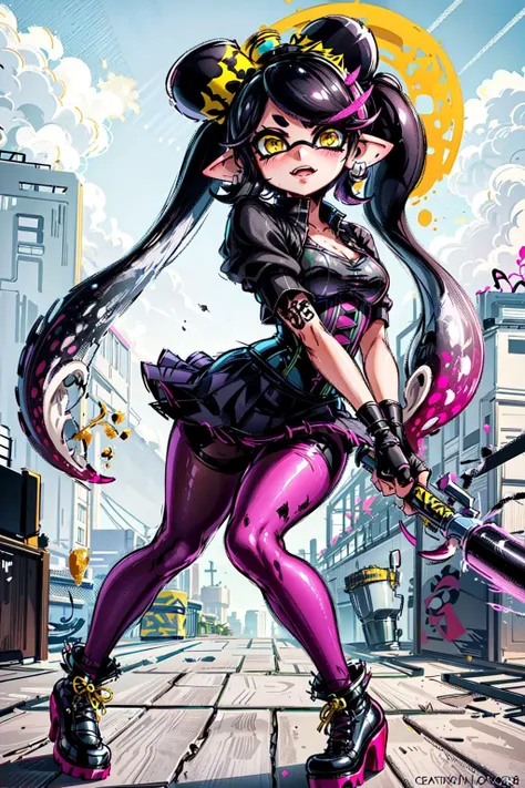 thick outlines, comic, photorealistic, masterpiece, container ship docks, Ink splashes, 1 girl, solo, ((pink_tights)), wide hips, baseball bat in hand, <lora:splatoonall2-000008:0.6>, splatoon, callie, yellow eyes, corset, black work skirt, white gloves, long hair, twintail hairstyle, tentacle hair, small breast, detailed background, detailed face, detailed eyes, <lora:add_detail:0.4>