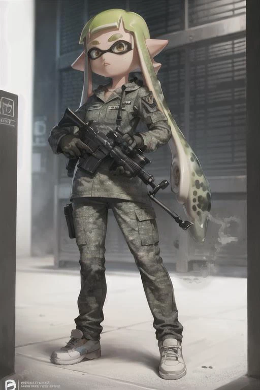 hires, ((inkling)), (splatoon), 1girl, (camouflage), ((war)), (battlefield), solo, gun, holding gun, serious look, tall, portrait, 2d, artwork, baggy pants, camo suit, detailed eyes, green,