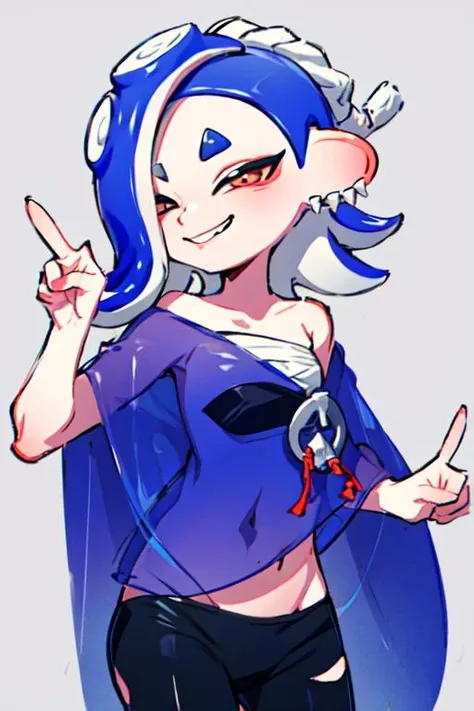 splatoon, sfw, cute, shiver, simple background, peace signs, smile <lora:splatoonCharacters_shiver:0.8>