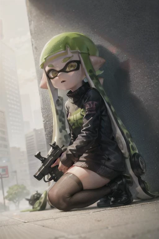 hires, ((inkling)), (splatoon), 1girl, (camouflage), ((war)), (battlefield), solo, gun, holding gun, serious look, tall, portrait, 2d, artwork,