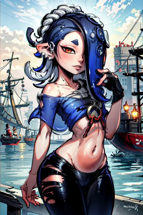 thick outlines, comic, photorealistic, masterpiece, ship docks, Ink splatter, 1 girl, solo, wide hips, splatoon, <lora:splatoonall2-000008:0.7>, (shiver:1.3), tentacle hair, small breast, detailed background, detailed face, detailed eyes, <lora:add_detail:0.5>