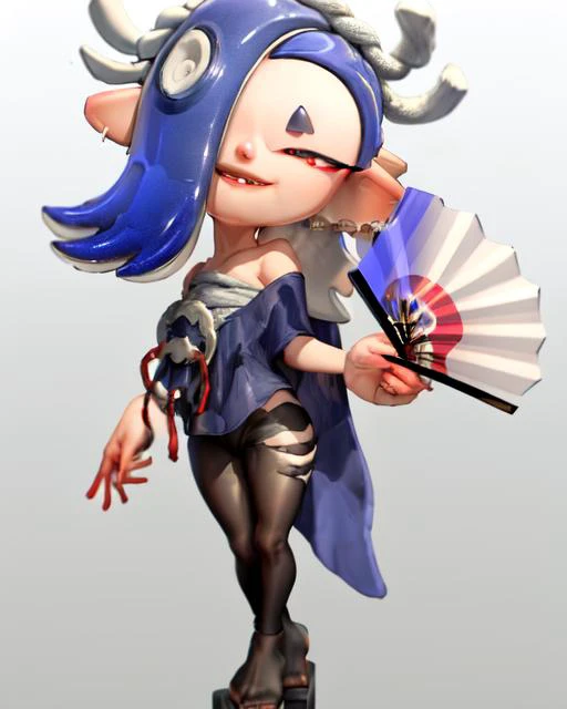 masterpiece, best quality, splatoon, (shiver:1.2), (fan), simple background, white background, blue splatter, (full body), looking at viewer, head tilt, low angle, smile, solo, tentacle hair
