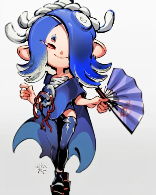 masterpiece, best quality, splatoon, (shiver:1.2), (fan), simple background, white background, blue splatter, (full body), looking at viewer, head tilt, low angle, smile, solo, tentacle hair