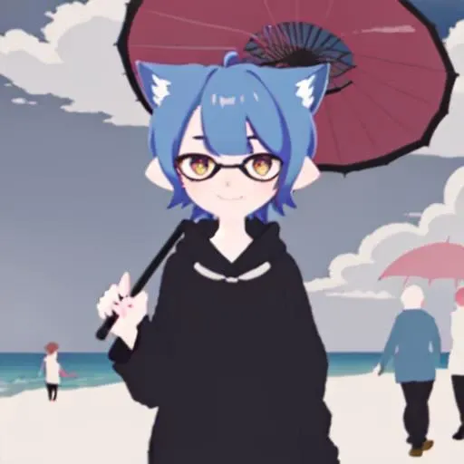 rusk, vrchat, rusk_outfit, <lora:ruskVrchat_rusk:0.8>, Beautiful Art Style, 1girl, young woman, looking at viewer, presentable, beach, inugami-ke no ichizoku pose, cat costume, splatoon, inkling, octoling, fan, umbrella, <lora:splatoonCharacters_combinedV2:0.7>, anime minimalist, <lora:minimalistAnimeStyle_v10:0.7>