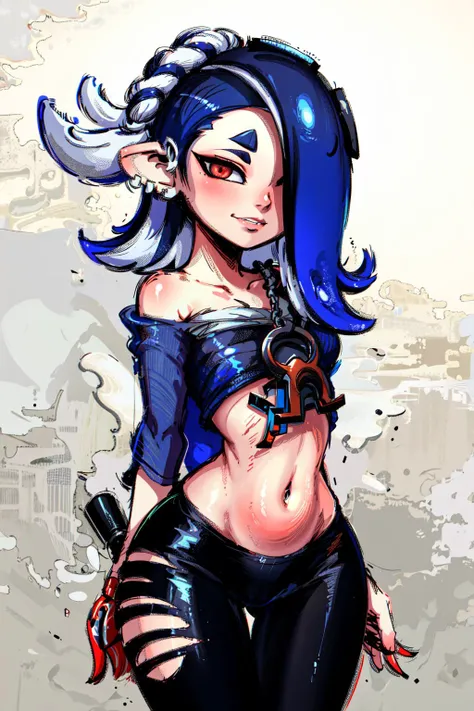 thick outlines, comic, photorealistic, masterpiece, ship docks, Ink splatter, 1 girl, solo, wide hips, splatoon, <lora:splatoonall2-000008:0.7>, (shiver:1.2), tentacle hair, small breast, detailed background, detailed face, detailed eyes,