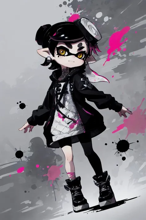 (best quality, ultra detailed), vector art, inkpunk, inked, ink splashes, callie, splatoon, tentacle hair, <lora:splatoonall2-000008:0.8>, dutch angle, cool,