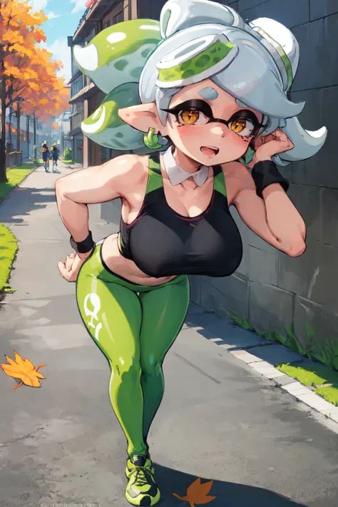 <lora:splatoonCharacters_marie:1>, Splatoon Marie, Natural Volumetric Lighting And Best Shadows, Deep Depth Of Field, Sharp Focus, Portrait Of Stunningly Beautiful Inkling Girl, Soft Delicate Beautiful Attractive Face With Alluring Yellow Cross-Shaped Eyes, Lovely Boobs Large Breasts, Thick Eyebrows, Voluminous Sharp Eyeliner, Broadly Smiling, Open Mouth With White Teeth, Windswept Disheveled White Tentacle Hair, Thick Layered Bow Shaped Hairstyle, Parted Lips, Skindentation, Curvy, Pointy Ears, O-Ring Earrings, Sun Visor Cap, Sports Micro Crop Top With Short Sleeve, Open Cute Navel, Low Waist Leggings Pants, Sexy Tight Fit, Rounder Hips And Side Booty, Sports Wristband, Sports Shoes, (Autumn Fallen Leaves, Backstreet Alleyway Between Old City Houses:1.1), (Hands Behind Back, Standing Leaning Forward:1.2), (Highest Quality, Amazing Details:1.4), (Masterpiece, Toon Shading:1.2), Raytracing, Brilliant Colorful Paintings