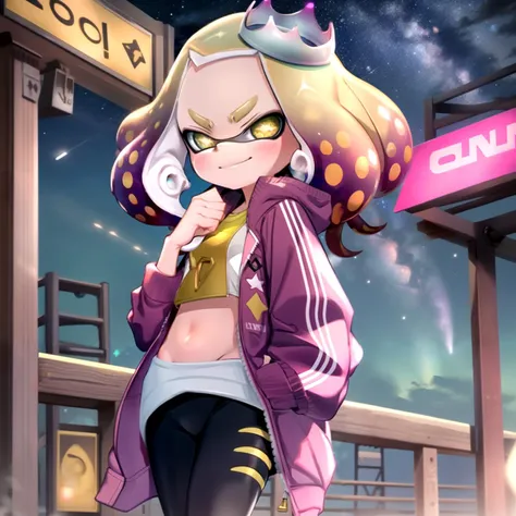 masterpiece, best quality, highres, 1girl, solo, cowboy shot, outdoors, night, starry sky, shining hair, looking at viewer, (tadidas), (pink jacket:1.2), long sleeves, <lora:AdidasLora-000004:0.9>,  <lora:splatoonCharacters_combined (1):1>, splatoon, (inkling:1.3), (pearl:1.2), hands in pocket, clenched fist,