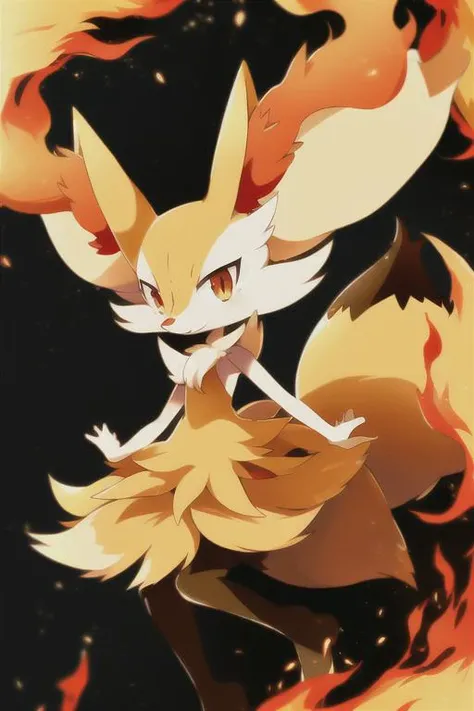 1girl, masterpiece, best quality, braixen, pokemon, yellow fox,  <lora:Braixen:0.8>, detailed, short muzzle, fluff ears, big tail, [red eyes], detailed eyes, fire background, dynamic pose, fox ears, fox tail, yellow black skirt