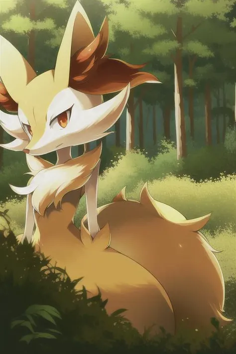 1girl, masterpiece, best quality, braixen, pokemon,  <lora:Braixen:0.8>, forest, detailed, short muzzle, fluff ears, big tail, [red eyes], detailed eyes, ambient light