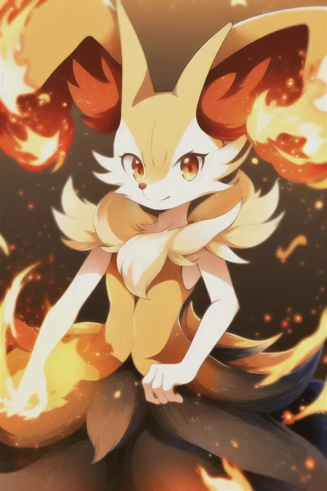 1girl, masterpiece, best quality, braixen, pokemon, yellow fox,  <lora:Braixen:0.8>, detailed, short muzzle, fluff ears, big tail, [red eyes], detailed eyes, fire background, dynamic pose, fox ears, fox tail, yellow black skirt