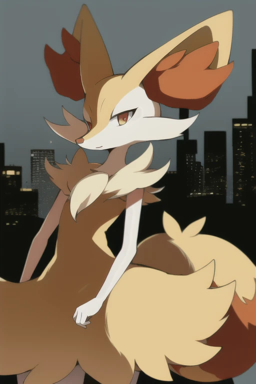 1girl, masterpiece, best quality, braixen, pokemon, fox,  <lora:Braixen:0.8>, city, detailed, short muzzle, fluff ears, big tail, [red eyes], detailed eyes, ambient light, cowboy shot