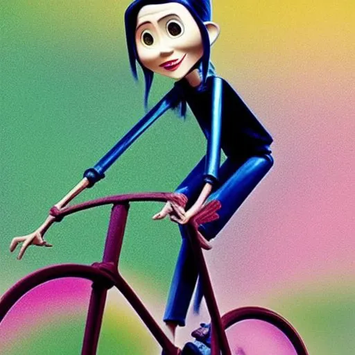 coraline, ultra detailed, claymation, riding a bike