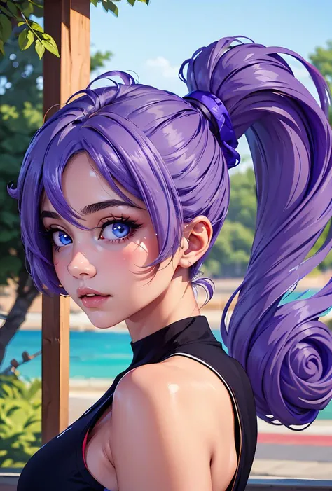 ((beste-Qualit)), ((tmasterpiece)), ((Realistic)), Ultra-detailed, young Phoeby Cates (((Twin tails liliac Hairstyle!!!))), (("Gucci" fashion bikini)), hot beach, sunset, Perfect colorful gradient, Illustration Style: Ernst Fuchs, 8к