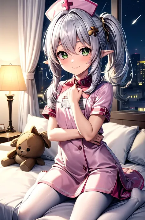 (masterpiece, best quality, detailed), 1girl, solo, looking at viewer, silver hair, side ponytail, green eyes, cross-shaped pupils, pointy ears, hair ornament, flat chest,
nurse, nurse uniform, white pantyhose, nurse cap, id card, pink dress, indoors, window, night sky, bedroom, curtains, lamp, stuffed toy, sitting, hugging own legs, knees up, knees to chest, smile, closed mouth, blush