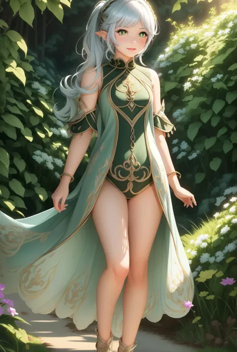 <lora:ÐаÑ
ида генÑин одежда(white frilled bloomers,white dress,hair ornament,(silver hair,side ponytail,green eyes,cross-shaped pupils,pointy ears):0.7>, silver hair,side ponytail,green eyes,cross-shaped pupils,pointy ears, (((masterpiece))), (((best quality))), (((illustration))), (((finely detail))), ((extremely detailed cg unity 8k wallpaper, highres)), (beautiful detailed face and eyes and hair:1.1), (an extremely delicate and beautiful girl:1.2), ultra-detailed, ultra high res, high quality, 4K, extreamly delicate and beautiful, full_body, standing, in full growth, hourglass waist