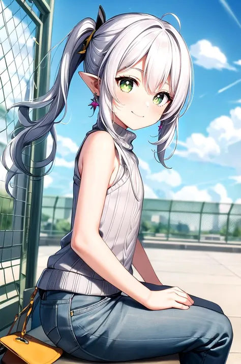 (masterpiece, best quality, detailed), 1girl, solo, looking at viewer, silver hair, side ponytail, green eyes, cross-shaped pupils, pointy ears, hair ornament, flat chest,
turtleneck sweater, earrings, ribbed sweater, casual, handbag, jeans, <lora:school_rooftop_v0.1:1>, school rooftop, chain-link fence, fence, dutch angle, sitting, from side, smile, closed mouth