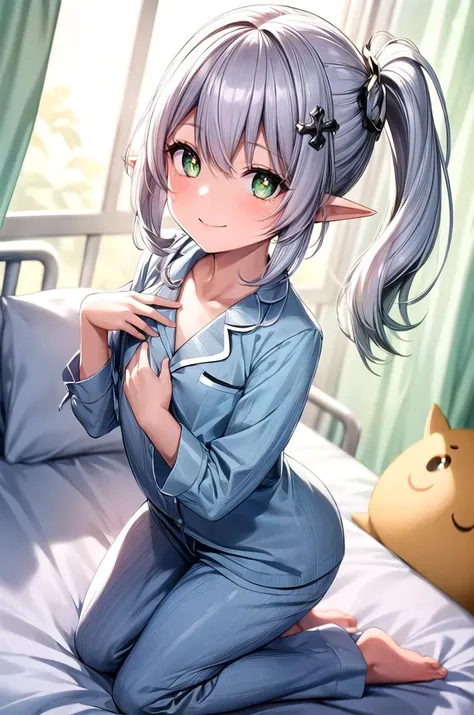 (masterpiece, best quality, detailed), 1girl, solo, looking at viewer, silver hair, side ponytail, green eyes, cross-shaped pupils, pointy ears, hair ornament, flat chest,
pajamas, sleepy, nightcap, <lora:infirmary_v0.1:1>, infirmary, curtains, hospital bed, kneeling, from above, hand on own chest, smile, closed mouth