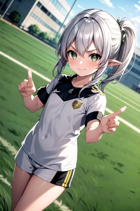 (masterpiece, best quality, detailed), 1girl, solo, looking at viewer, silver hair, side ponytail, green eyes, cross-shaped pupils, pointy ears, hair ornament, flat chest,
<lora:Soccer Uniform By Stable Yogi:0.5>, soccer uniform, <lora:school_yard_v0.1:1>, school yard, field, dutch angle, fighting stance, (clenched hands), legs apart, serious, smile, v-shaped eyebrows