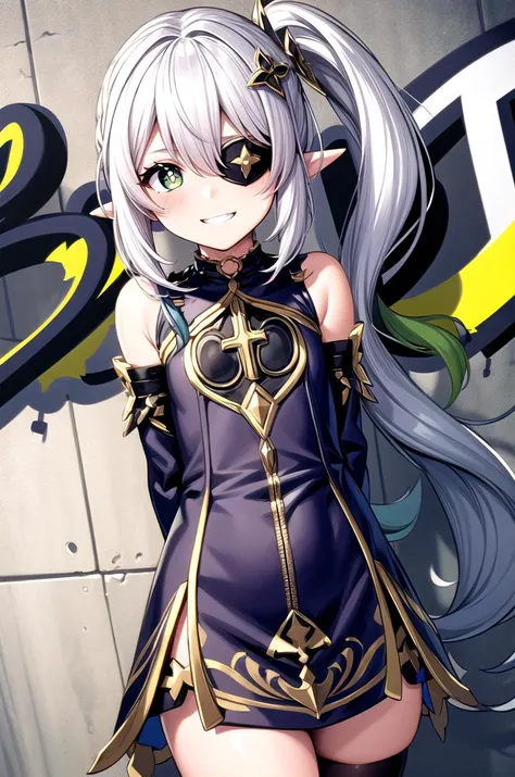 (masterpiece, best quality, detailed), 1girl, solo, looking at viewer, silver hair, side ponytail, green eyes, cross-shaped pupils, pointy ears, hair ornament, flat chest,
tailcoat, fishnet top, single thighhigh, single sleeve, medical eyepatch, purple ribbon, choker, single glove, glowing eye, bandaged arm, <lora:CONCEPT_graffiti_wall_ownwaifu-15:0.7>, CONCEPT_graffiti_wall_ownwaifu, www.ownwaifu.com, (graffiti:1.2), brick wall, arms behind back, grin