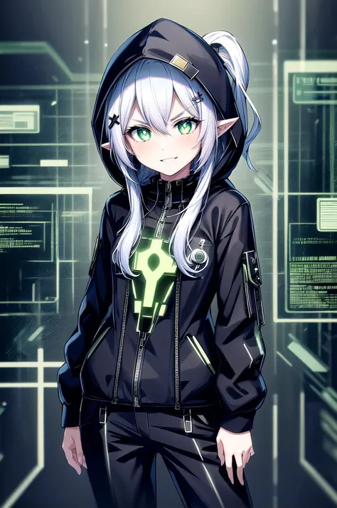 (masterpiece, best quality, detailed), 1girl, solo, looking at viewer, <lora:nahida:0.5>, silver hair, side ponytail, green eyes, cross-shaped pupils, pointy ears, hair ornament, flat chest, <lora:HackedTech-20:1.3>, hackedtech, hoodie, leather, data stream, green hues, <lora:CONCEPT_graffiti_wall_ownwaifu-15:0.7>, CONCEPT_graffiti_wall_ownwaifu, www.ownwaifu.com, (graffiti:1.2), brick wall, contrapposto, v-shaped eyebrows, smirk, smile, parted lips, hood up, cyberpunk, pants