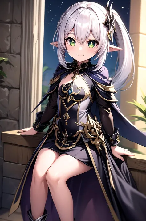 (masterpiece, best quality, detailed), 1girl, solo, looking at viewer, silver hair, side ponytail, green eyes, cross-shaped pupils, pointy ears, hair ornament, flat chest,
<lora:edgBlackMage:0.6>, edgBlkMage, wearing edgBlkMage, night, indoors, throne room, throne, pillar, banner, gold, stone wall, <lora:breasts_squeezed_together_v0.2:1> (breasts squeezed together, v arms), evil smile