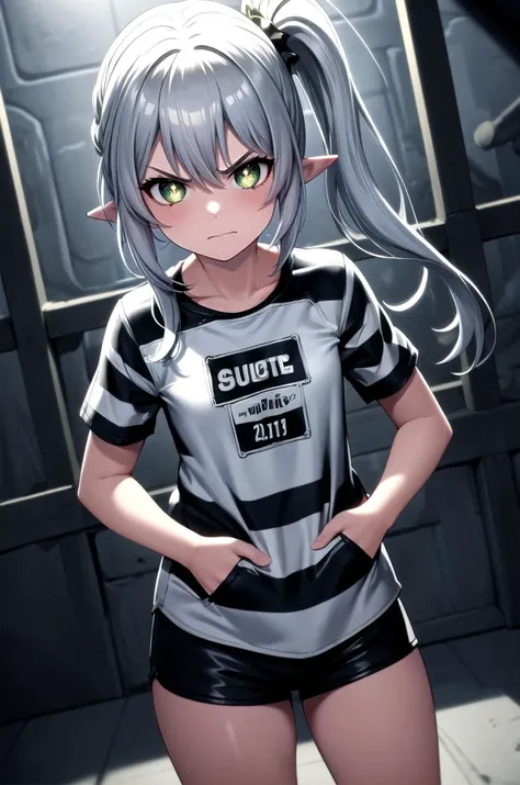 (masterpiece, best quality, detailed), 1girl, solo, looking at viewer, silver hair, side ponytail, green eyes, cross-shaped pupils, pointy ears, hair ornament, flat chest,
<lora:prisonerOutfitV2:0.8>, shirt, short sleeves, shorts, striped clothes, <lora:basement_v0.2:1> basement, (dark:1.5), dimly lit, dutch angle, hands in pockets, glaring, angry, closed mouth