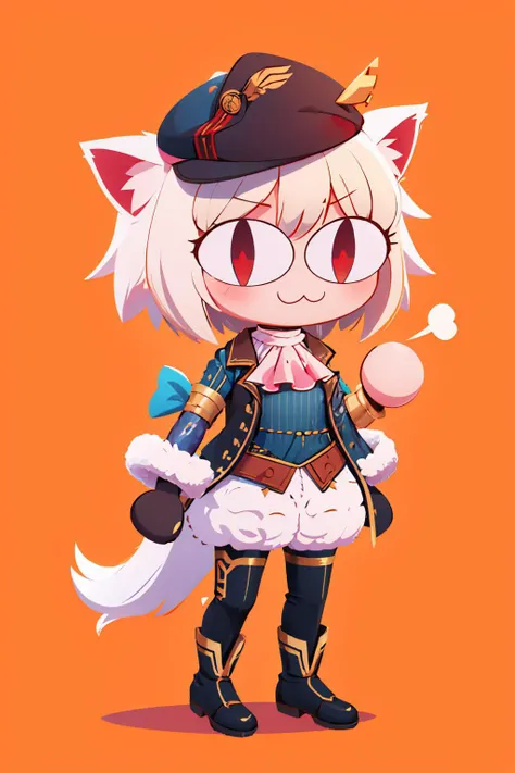 (masterpiece, best quality:1.2), chibi, solo, 1girl, yswhitecat, :3, cat ears, hat, slit pupils, white ascot, black coat, blue shirt, armlet, black gloves, white shorts, fur trim, thigh boots, tail <lora:necoarc:1> <lora:yswhitecat-nvwls-v1:0.8>