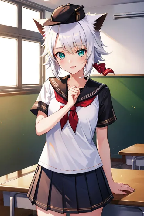 masterpiece, best quality, <lora:yswhitecat-nvwls-v1-000008:0.9> ysWhiteCat, hat, cat ears, serafuku, pleated skirt, white shirt, short sleeves, school, classroom, cowboy shot, smile, green eyes