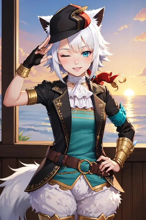 masterpiece, best quality, <lora:yswhitecat-nvwls-v1-000008:0.9> ysWhiteCat, hat, cat ears, white ascot, black coat, blue shirt, armlet, black gloves, white shorts, fur trim, tail, upper body, smile, wink, one eye closed, one eye open, sunset, looking at viewer, salute, hand to hip