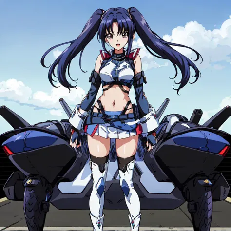 <lora:Salia_Crossange-10:1>masterpeace,best quality,Salia_Crossange, 1girl, solo, blue miniskirt, navel, twintails, blue hair, boots, midriff, fingerless gloves, white thighhighs, zettai ryouiki, outdoor,standing