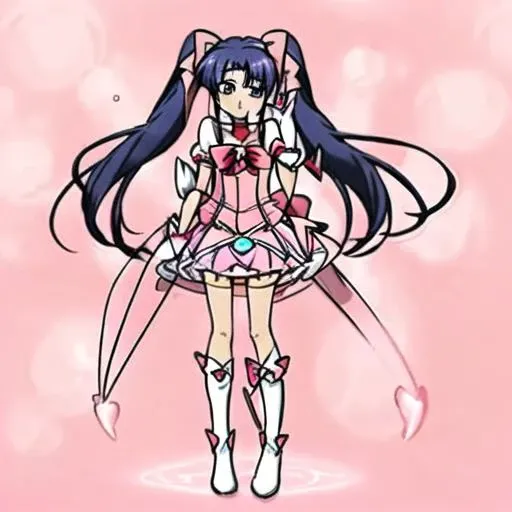 <lora:Salia_Crossange-10:1>Salia_Crossange, 1girl, solo,bow, cleavage, twintails, brown eyes, medium breasts, blue hair, hair bow, frills, choker, red bow, cosplay, magical girl, white footwear, knee boots, pink bow, pink dress, pink skirt
