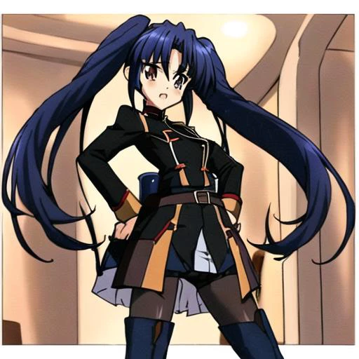 <lora:Salia_Crossange-10:1>Salia_Crossange, 1girl, solo, long hair,thighhighs, long sleeves, twintails, brown eyes, blue hair, pantyhose, boots, belt, black footwear, uniform, military uniform, thigh boots