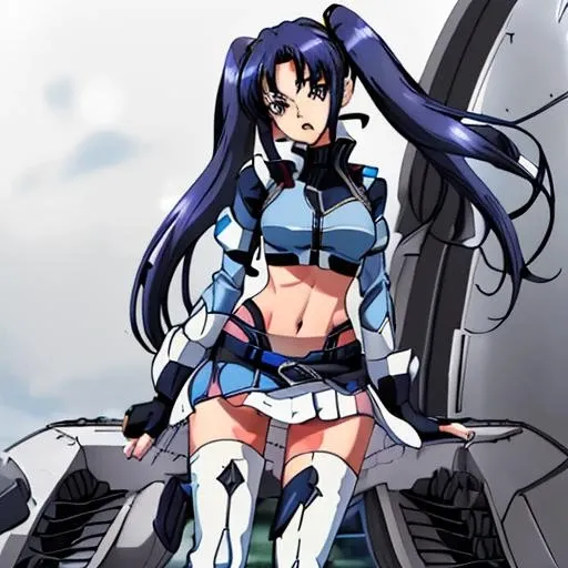 <lora:Salia_Crossange-10:1>Salia_Crossange,Masterpeace,best quality,1girl, solo, blue miniskirt, navel, twintails, blue hair, boots, midriff, fingerless gloves, white thighhighs, zettai ryouiki