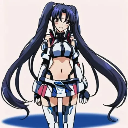 <lora:Salia_Crossange-10:1>Salia_Crossange, 1girl, solo, miniskirt, navel, twintails, blue hair, boots, midriff, fingerless gloves, white thighhighs, zettai ryouiki