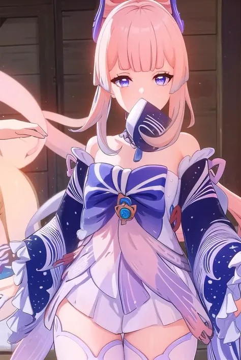 kokomisangonomiya, <lora:genshin kokomi sangonomiya ingame-lora-nochekaiser:1>,
kokomi sangonomiya, long hair, bangs, hair ornament, (purple eyes:1.1), pink hair, sidelocks, multicolored hair, blunt bangs, gradient hair, bow-shaped hair,
BREAK thighhighs, gloves, long sleeves, bow, frills, detached sleeves, shorts, white gloves, wide sleeves, bowtie, white thighhighs, frilled sleeves, vision \(genshin impact\),
BREAK outdoors,
BREAK looking at viewer, (cowboy shot:1.5),
BREAK <lyco:GoodHands-beta2:1>, (masterpiece:1.2), best quality, high resolution, unity 8k wallpaper, (illustration:0.8), (beautiful detailed eyes:1.6), extremely detailed face, perfect lighting, extremely detailed CG, (perfect hands, perfect anatomy),