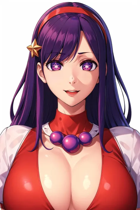 (day),Simple White Background,
Standing at attention,
(red_dress:1.3) , white shirt,puffy sleeves, short sleeves,
purple Big Gem necklace, 
<lora:athena_asamiya_SNK-KK77-V1:0.7>,virtual youtuber,jewelry, (star_hair_ornament:1.5),(red_headband:1.5),
purple hair, big eyes with purple eyes, long hair, sparkling eyes, symbol-shaped pupils,
<lora:Mariana_Luciano_NON_VIRGIN-KK77-V1:0.3>,<lora:more_details:0.1>,
1 girl, 20yo,Young female,Beautiful Finger,Beautiful long legs,Beautiful body,Beautiful Nose,Beautiful character design, perfect eyes, perfect face,expressive eyes,perfect balance,
looking at viewer,(Focus on her face),closed mouth, (innocent_big_eyes:1.0),Light_Smile,
official art,extremely detailed CG unity 8k wallpaper, perfect lighting,Colorful, Bright_Front_face_Lighting,shiny skin, 
(masterpiece:1.0),(best_quality:1.0), ultra high res,4K,ultra-detailed,
photography, 8K, HDR, highres, absurdres:1.2, Kodak portra 400, film grain, blurry background, bokeh:1.2, lens flare, (vibrant_color:1.2),professional photograph, 
(Beautiful,large_Breasts:1.4), (beautiful_face:1.5),(narrow_waist),