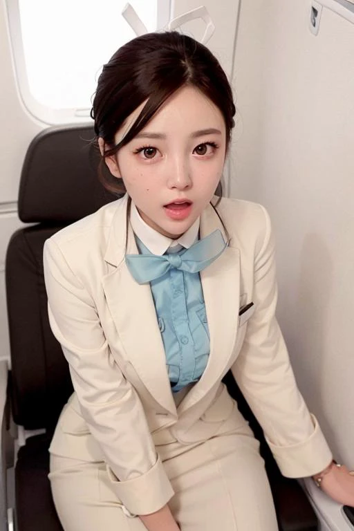 <lora:stewardessUniform_koreanairUniform:0.7>, ulzzang-6500-v1.1, pureerosface_v1, best quality, masterpiece, illustration, (realistic, photo-realistic:1.37), amazing, finely detail, incredibly absurdres, huge filesize, ultra-detailed, highres, extremely detailed CG unity 8k wallpaper, beautiful detailed girl, extremely detailed eyes and face, beautiful detailed eyes, ray tracing, 1girl, upper body, skindentation, medium breasts, papilla, upturned nipples, small nipple, sweat, airplane, looking at viewer, heavy breathing, blush, torogao, orgasm, embarrassed, drunk, fucked silly, naughty face, front light, lens 135mm, f1.4, iso 100, pov crotch, nsfw, nude, (blue_koreanair_uniform_with_ivory_suit), flight attendant, aisle,seat ,first class, lavatory , emergency exit,  in-flight entertainment, food trolley,