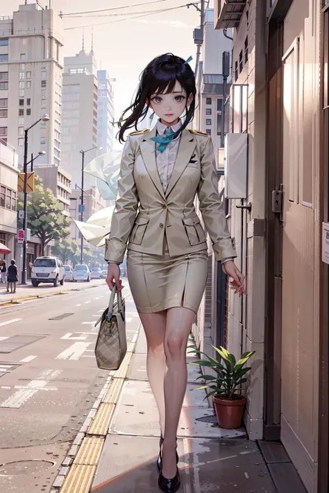 fullbody shot, Beautiful light, soft light, cinematic light, perfect eyes, a 25yo woman, white_KoreanAir_Uniform_with_ivory_suit, <lora:KoreanAir Uniform:0.85>, ((city background))