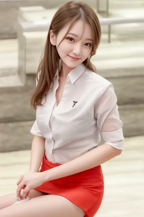 1 girl, wearing white compression v-neck shirt, red tight skirt, sitting pose, sexy, smile