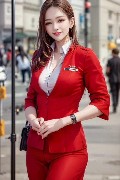 (8k), (best quality), (masterpiece:1.2), (realistic), (photorealistic:1.37), ultra-detailed, a woman, wearing red suit,white compression v-neck shirt, red tight pant, sexy pose, smile