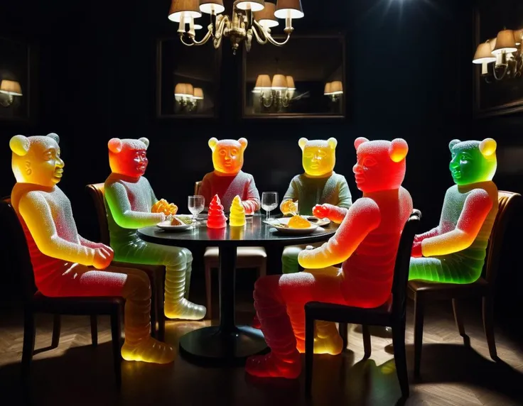 several persons made of gummi <lora:GummiRay:1>, sitting in restaurant, low artificial light, festive atmosphere