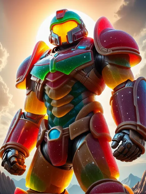 ethereal fantasy concept art of ultra-detailed,GummiRay, power armor made of colorful gummi, epic, A magnificent scene, Titan, Jesus Light, detailed light, light from behind, upper body, from side view, from below shot <lora:GummiRay:1>, magnificent, celestial, ethereal, painterly, epic, majestic, magical, fantasy art, cover art, dreamy
