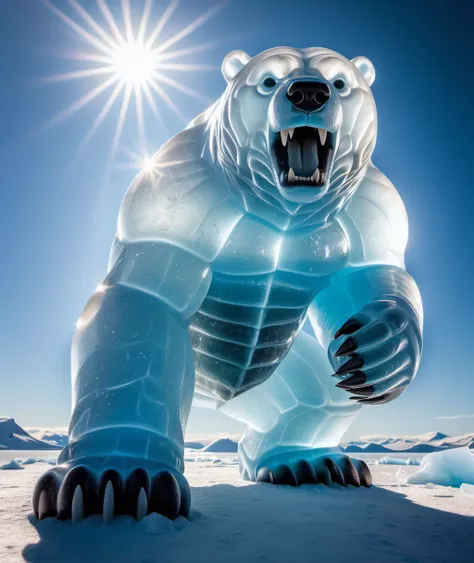 angry large ice bear made out of light blue gummiray, is running towards the viewer, aggressive, growling, attacking, <lora:GummiRay:1>, arctic, sea, ice, sun beams, lens flare, 16k, uhd, insane details, award-winning photo