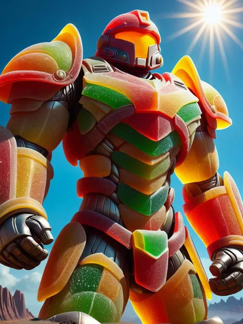 ethereal fantasy concept art of ultra-detailed,GummiRay, power armor made of colorful gummi, epic, A magnificent scene, Titan, Jesus Light, detailed light, light from behind, from side, from below <lora:GummiRay:1>, magnificent, celestial, ethereal, painterly, epic, majestic, magical, fantasy art, cover art, dreamy