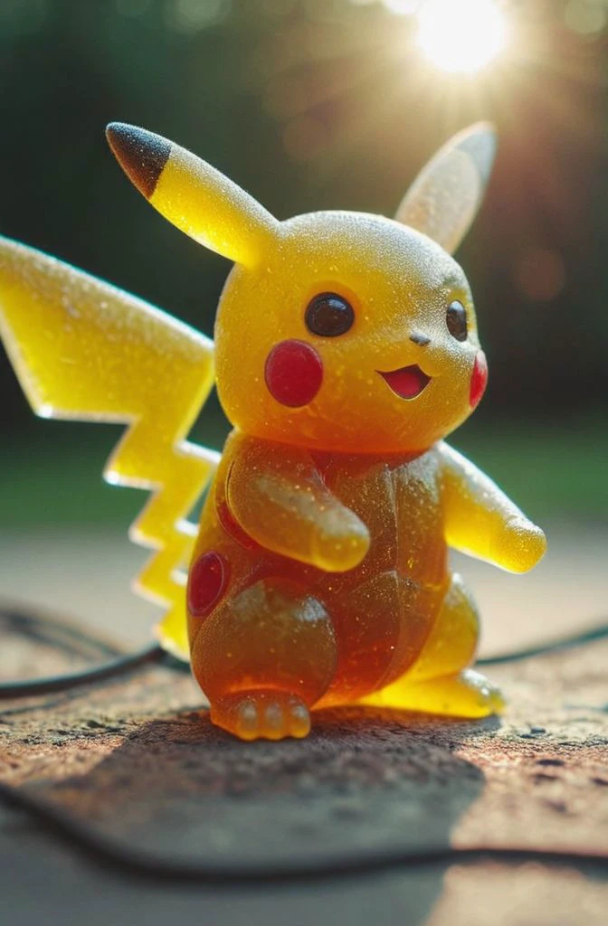 gummy pikachu charging electricity (shallow depth of field:0.6), highly detailed, high budget, (bokeh:0.6), film grain, grainy , <lora:RMSDXL_Darkness_Cinema:0.8> <lora:MJ52:0.4> <lora:GummiRay:1>