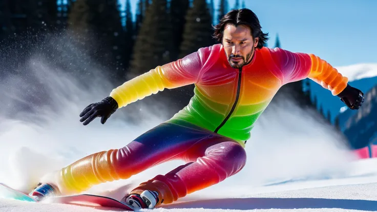 cinematic tracking shot of keanu reeves wearing rainbow gummy suit,  downhill slalom skiing, John Wick action scene,  gummy explosions in background projecting snow and gummies everywhere, directed by Chad Stahelski, <lora:GummiRay:1>,<lora:d\EnvyActionShotXL01:1>,  woah!