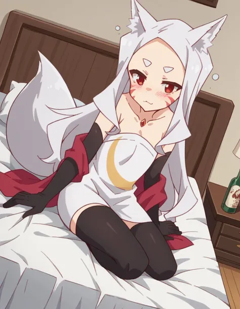 score_9, score_8_up, score_7_up, source_anime,
kitsuneshiro, <lora:kitsune-shiro-s1-ponyxl-lora-nochekaiser:1>,
shiro, long hair, red eyes, animal ears, tail, animal ear fluff, fox ears, fox tail, facial mark, thick eyebrows, fox girl,
thighhighs, gloves, dress, bare shoulders, jewelry, collarbone, black gloves, elbow gloves, black thighhighs, white dress, strapless, strapless dress, shawl,
indoors, bed, bed room, on side, blush, drunk,
cowboy shot, looking at viewer, solo, dutch angle,