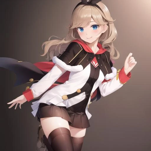 (masterpiece, best quality:1.2),illustration,8k,hd,1girl,solo,cowboy shot,dorsetshire (azur lane),black hairband,black legwear,black ribbon,black skirt,blue eyes,blush,boots,medium breasts,brown footwear,capelet,hair ribbon,hairband,light brown hair,long hair,long sleeves,miniskirt,ribbon,skirt,smile,wavy hair,zettai ryouiki,<lora:Dorsetshire(azur):0.8>,